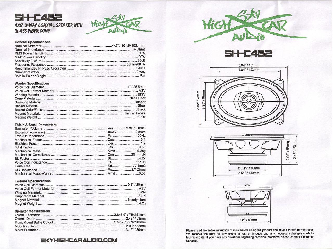 SHCA - C462 4x6" 2-way Coaxial Speakers (Pair) With Glass Fiber Cone and Pivoting Tweeter - Audio Sellerz