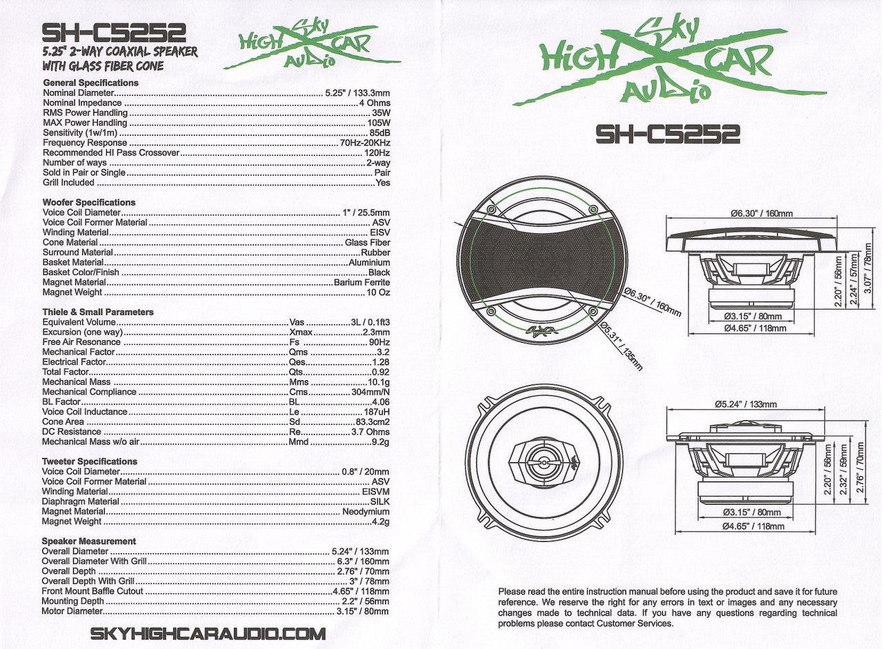 SHCA - C525 5.25" 2-way Coaxial Speakers (Pair) With Glass Fiber Cone - Audio Sellerz