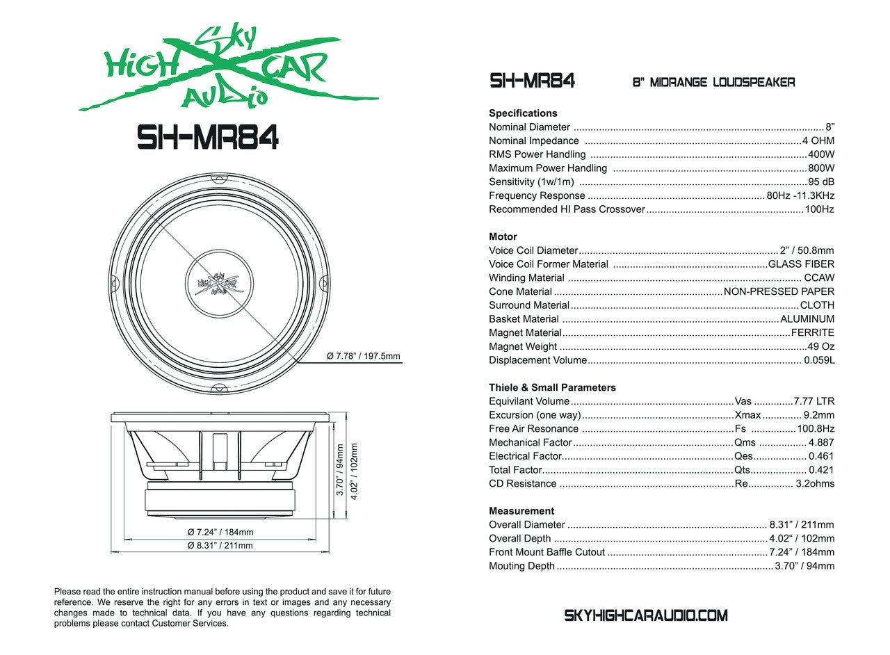 SHCA - MR84 8" Midrange Speaker 4 ohm (Single Speaker)