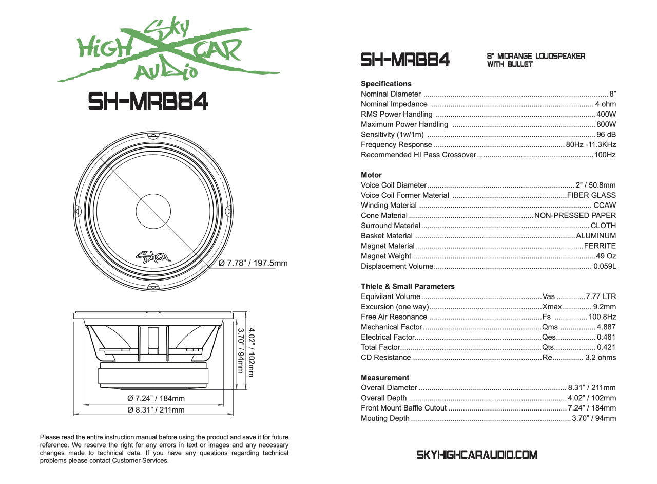 SHCA - MRB84 8" Midrange Speaker w/ Bullet 4 ohm (Single Speaker)
