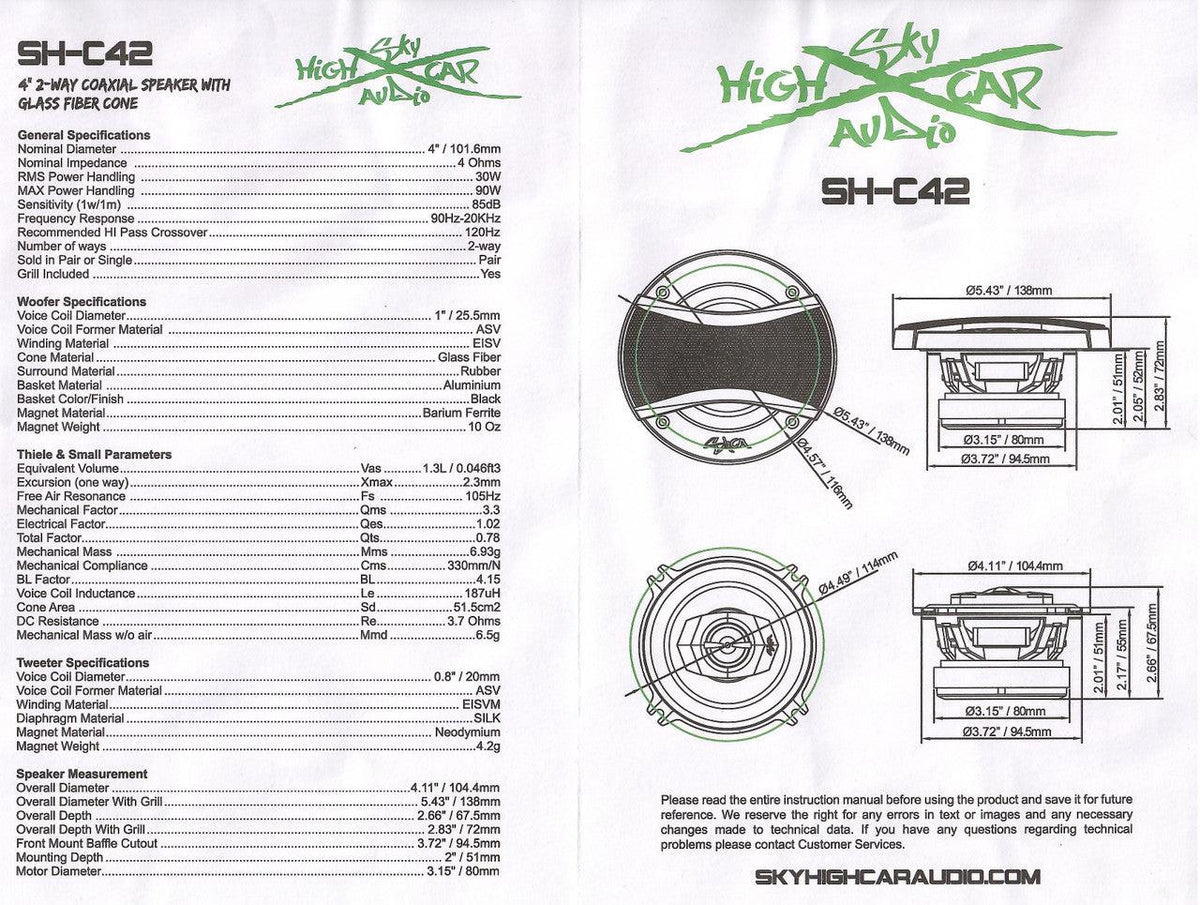 SHCA - C42 4" 2-way Coaxial Speakers (Pair) With Glass Fiber Cone and Pivoting Tweeter - Sold by Audio Sellerz