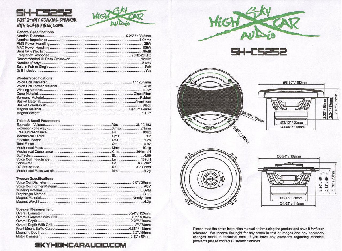 SHCA - C525 5.25" 2-way Coaxial Speakers (Pair) With Glass Fiber Cone - Sold by Audio Sellerz
