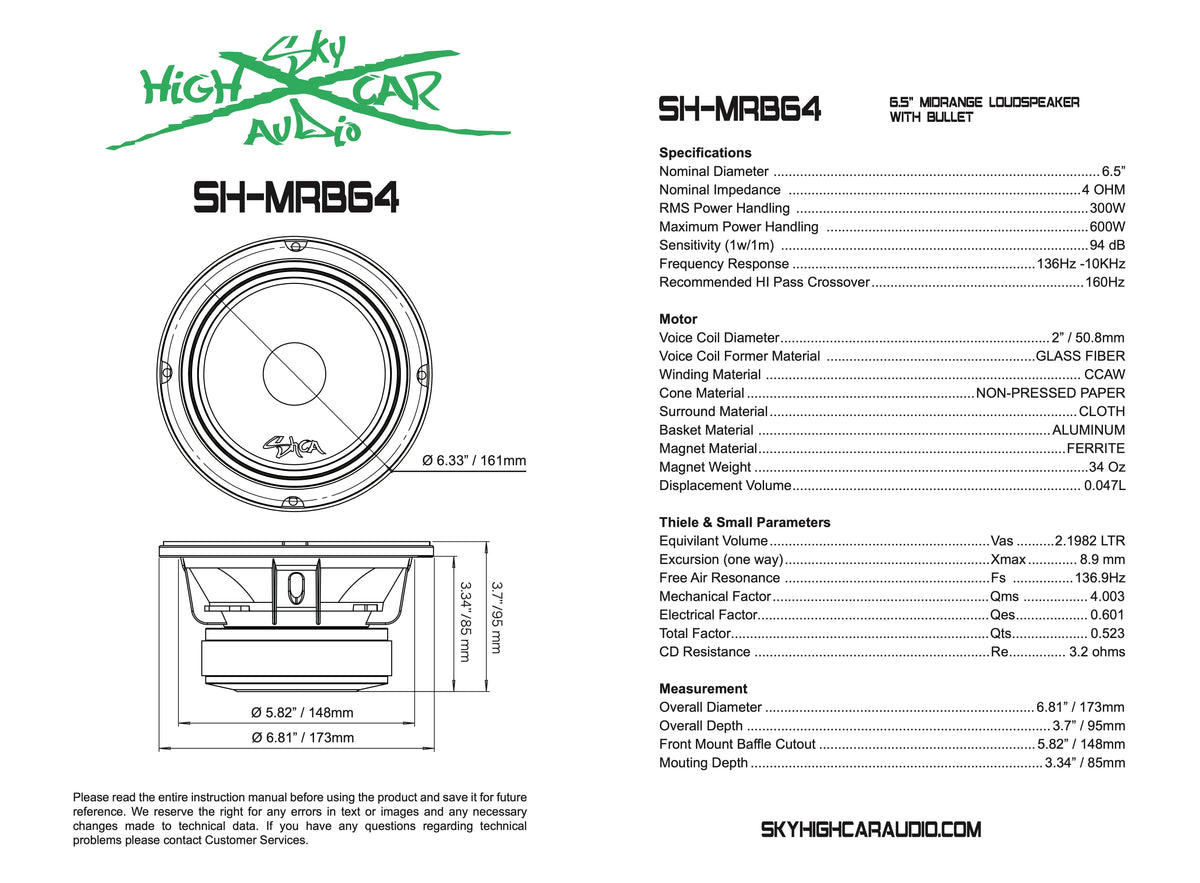 SHCA - MRB64 6.5" Midrange Speaker w/ Bullet 4 ohm (Single Speaker) - Sold by Audio Sellerz
