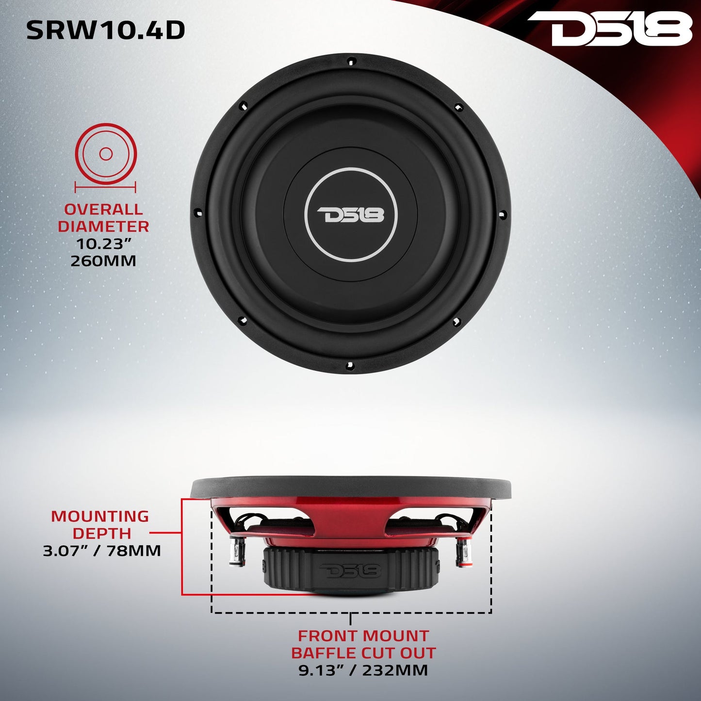 SRW Shallow-Mount 10" Subwoofer 200 Watts Rms DVC 4-Ohm.