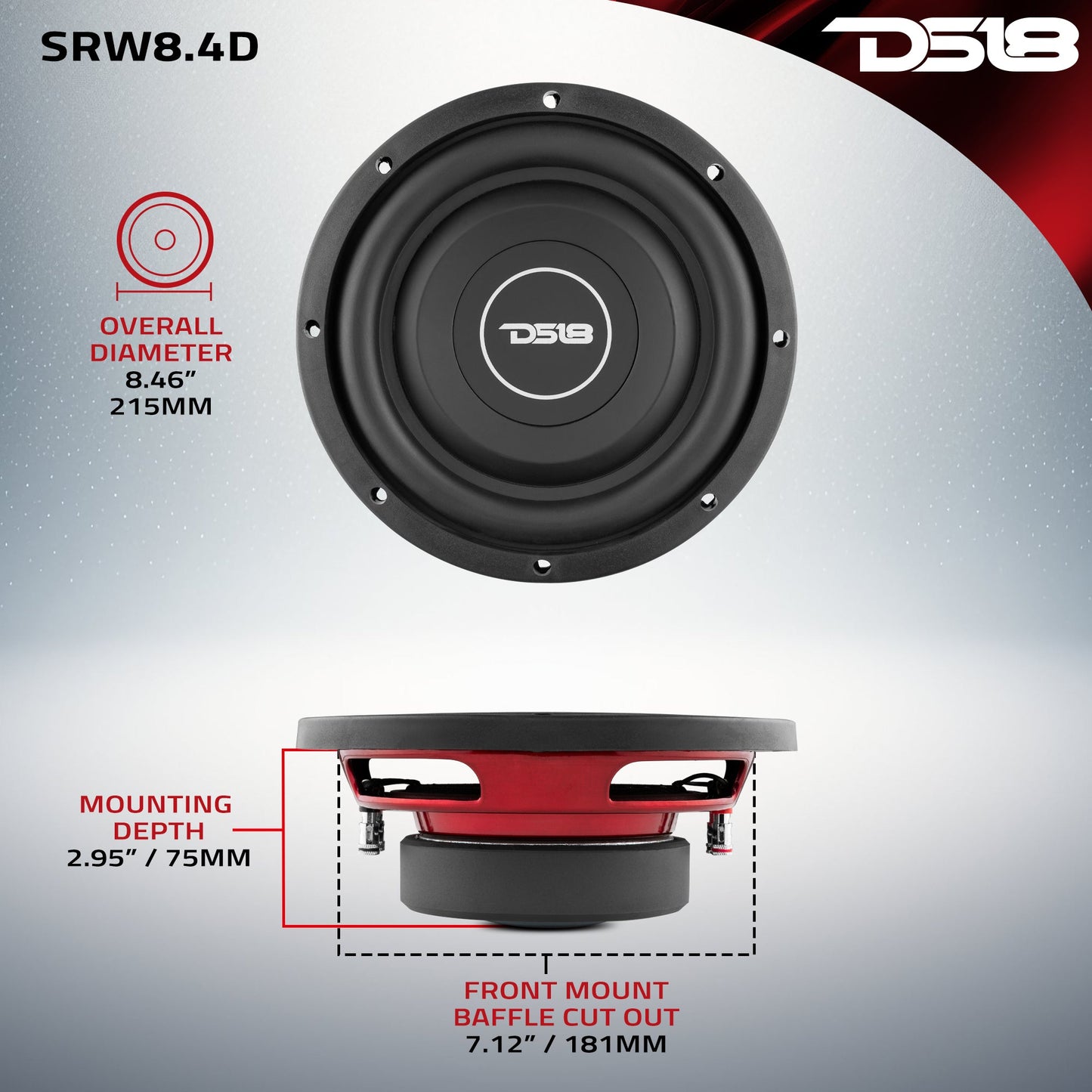 SRW Shallow-Mount 8" Subwoofer 150 Watts Rms DVC 4-Ohm.