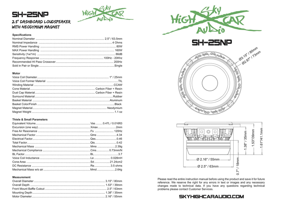 Sky High Car Audio SH-25NP 2.5" Neo Midrange Speaker Pair – 80W RMS, 4 Ohm - Sold by Audio Sellerz