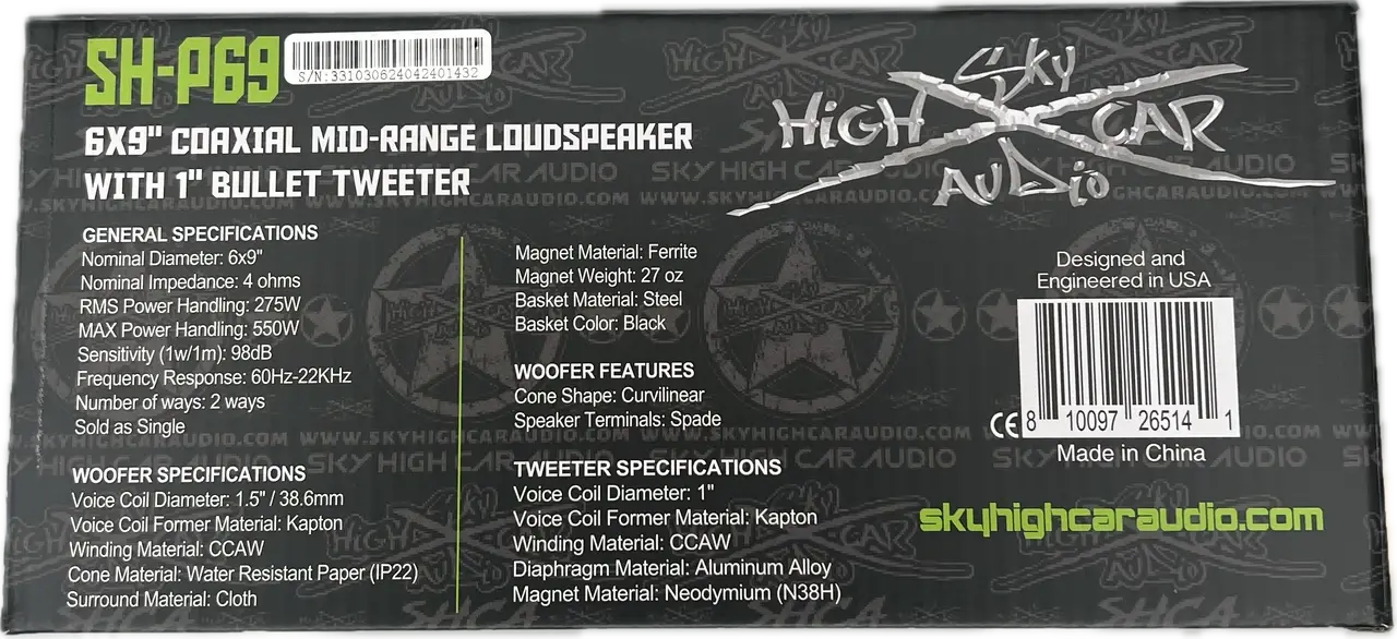 Sky High Car Audio SH-P69 6x9” COAXIAL MID-RANGE LOUDSPEAKER WITH 1" BULLET TWEETER - Audio Sellerz