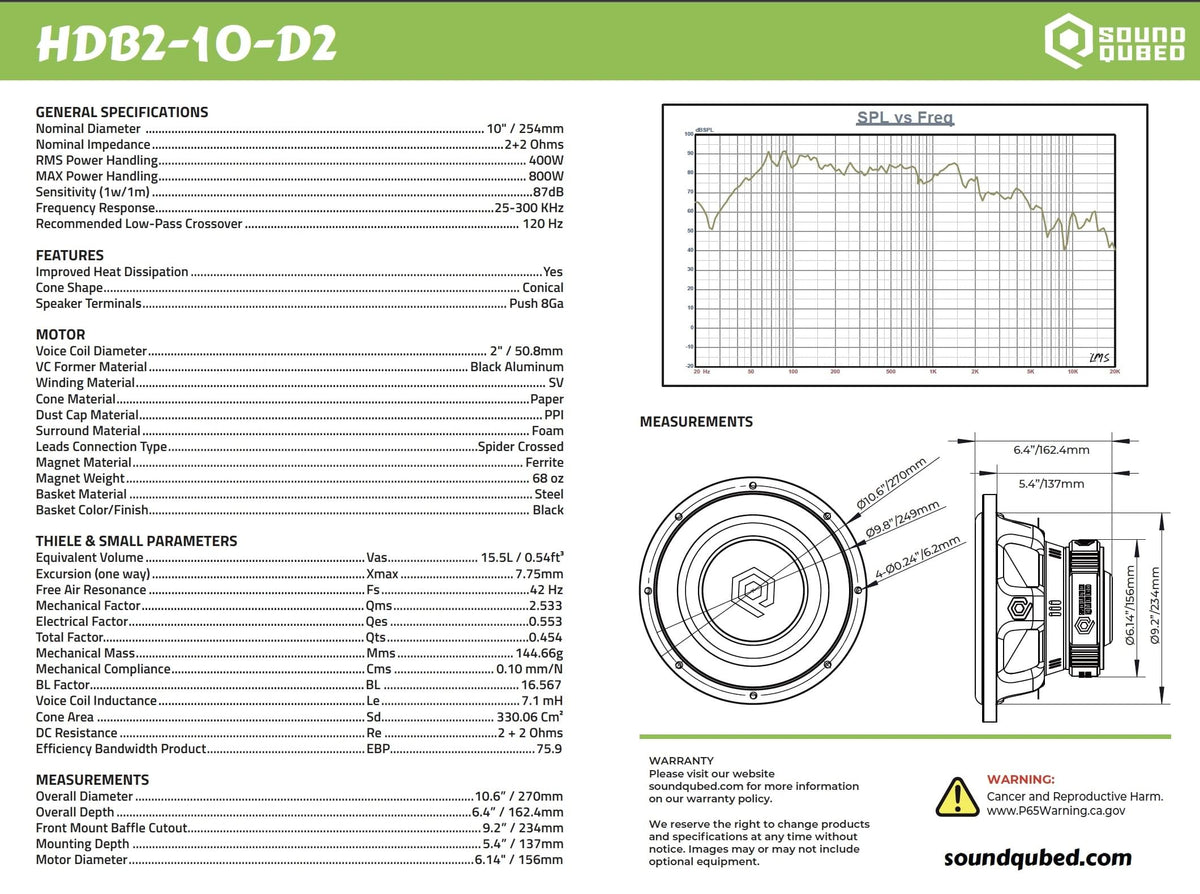SoundQubed HDB2 10" 400W RMS DVC Subwoofer D2/D4 - Sold by Audio Sellerz