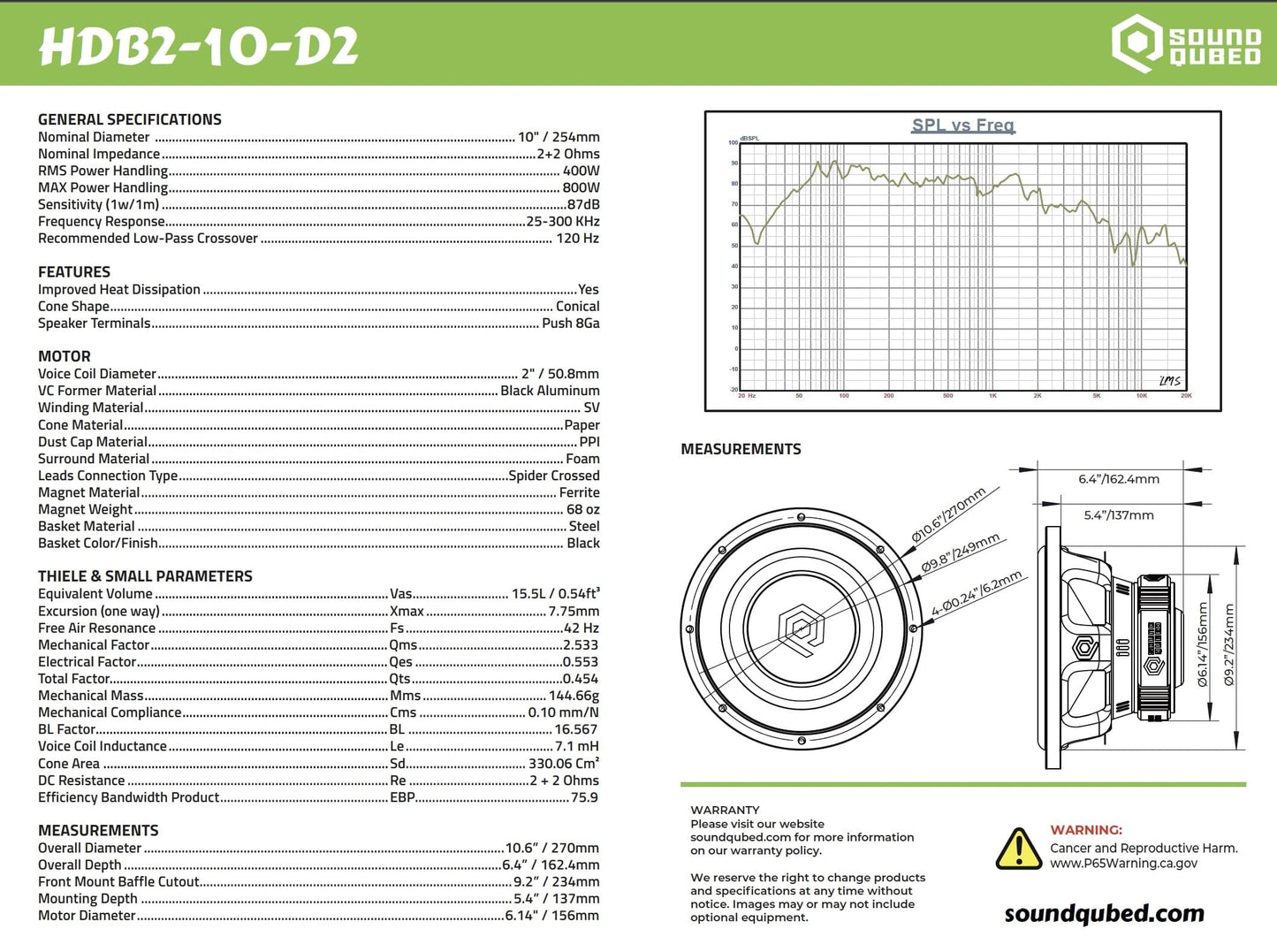SoundQubed HDB2 10" 400W RMS DVC Subwoofer D2/D4.
