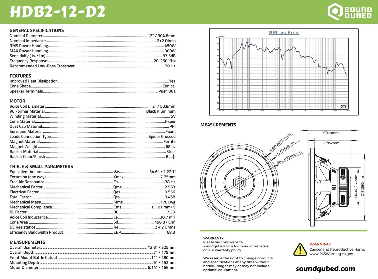 SoundQubed HDB2 12" 450W RMS DVC Subwoofer D2/D4.