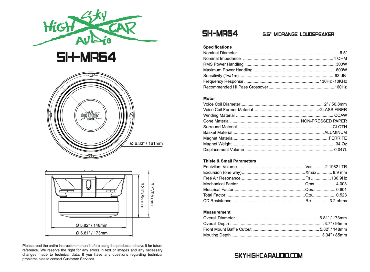 SHCA - MR64 6.5" Midrange Speaker 4 Ohm (Single Speaker)