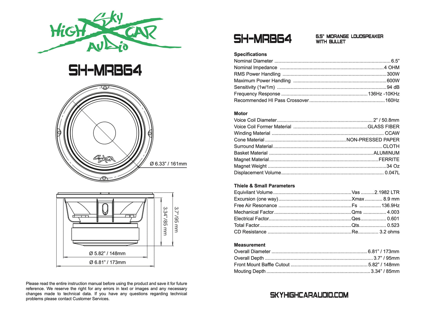 SHCA - MRB64 6.5" Midrange Speaker w/ Bullet 4 ohm (Single Speaker)