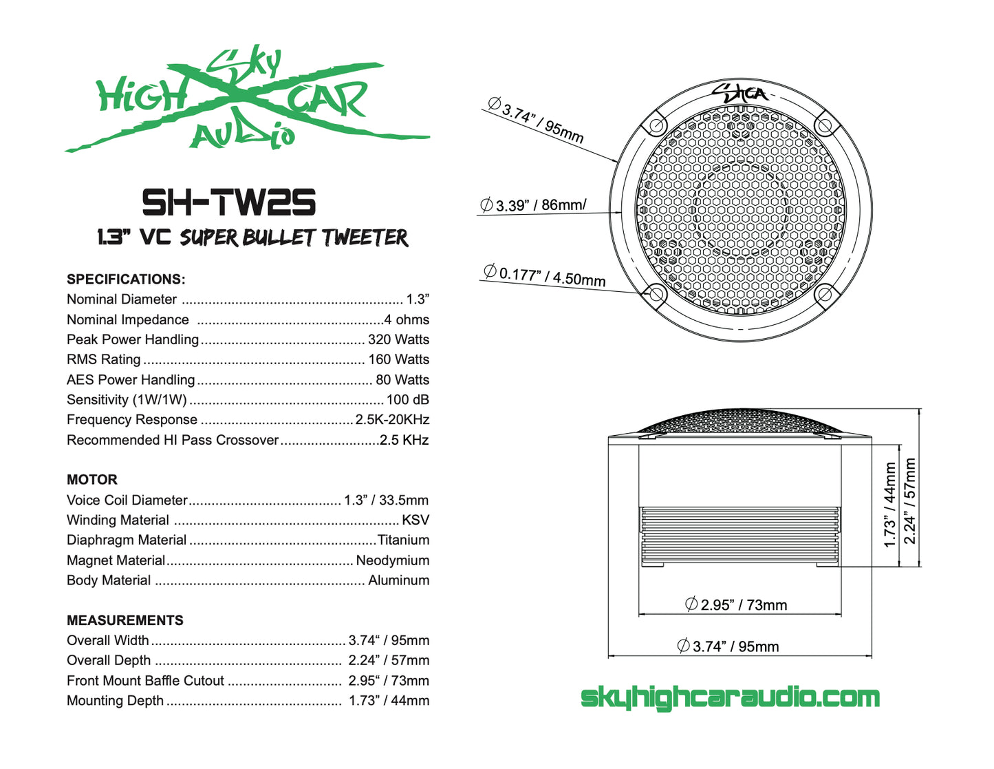 SHCA - Pro Audio TW2S Neo 1.3" VC Bullet Tweeter 4 ohm (Single Speaker)