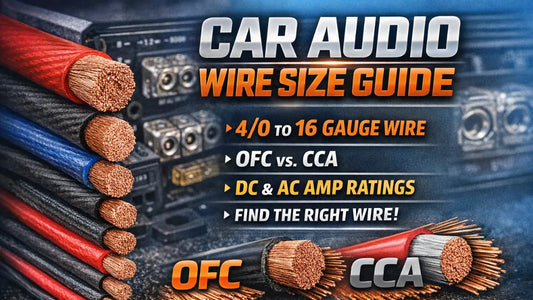 Car audio wire size guide comparing 4/0 through 16 gauge OFC and CCA power, ground and speaker wire