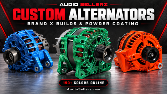 Green, blue, and orange custom alternators showcasing Brand X builds and powder-coat options at Audio Sellerz.
