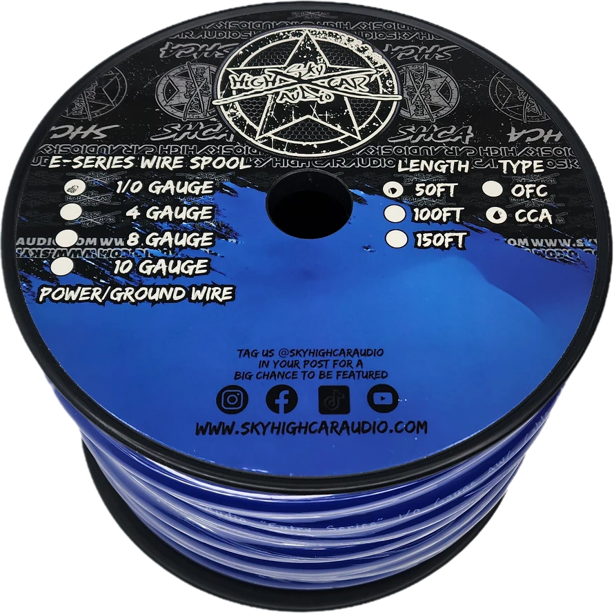 Sky High Car Audio E-Series CCA 1/0 Gauge Power/Ground Wire – 50ft Spool.