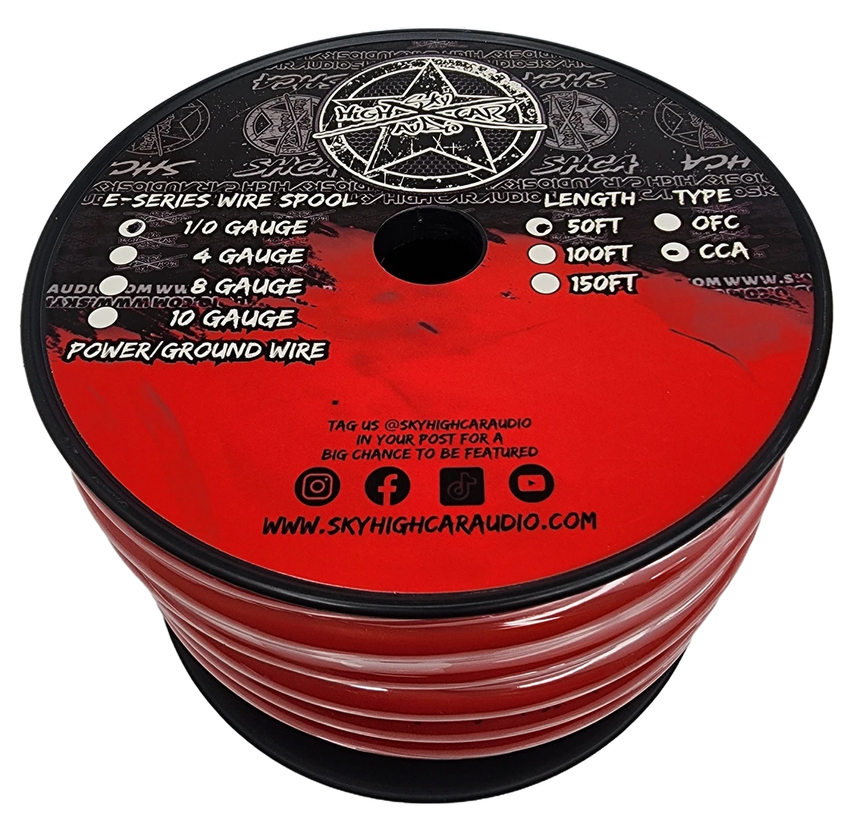 Sky High Car Audio E-Series CCA 1/0 Gauge Power/Ground Wire – 50ft Spool.