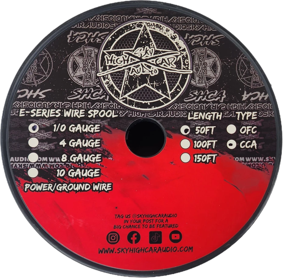 Sky High Car Audio E-Series CCA 1/0 Gauge Power/Ground Wire – 50ft Spool.