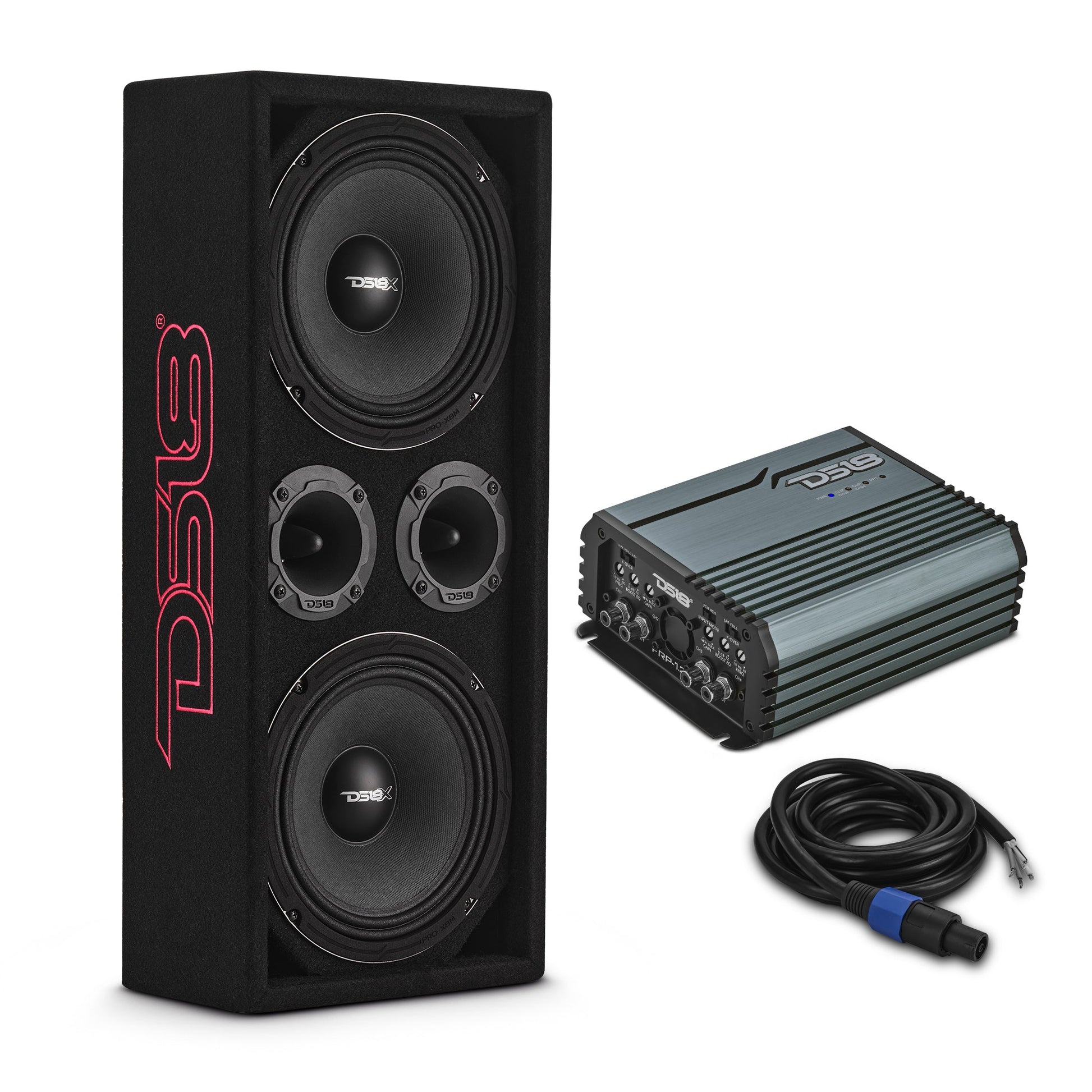 Loaded Voceteo Enclosure with Dual 8" Speakers, Dual 3.78" Tweeters, Amplifier & Speakon Cable.