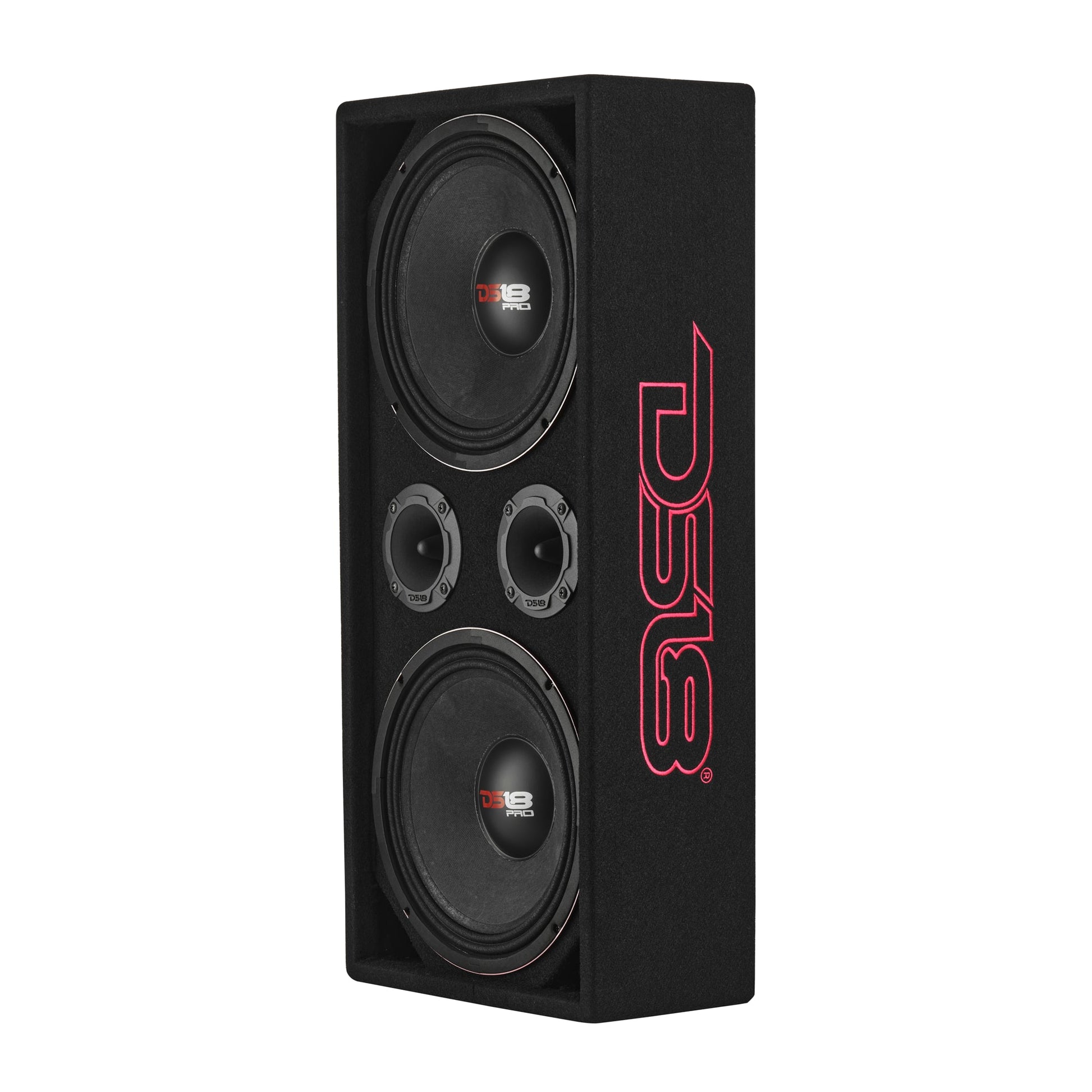 Loaded Voceteo Enclosure with Dual 10" Mids, Dual 3.78" Tweeters, Amplifier & Speakon Cable.