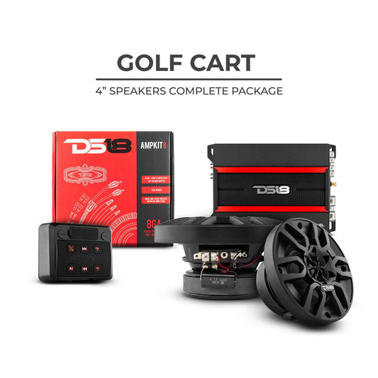 DS18 Golf Cart Package - 2 x 4” Marine Speakers + 1x 2 CH Amplifier + 1 x AMPKIT8 + 1 x ENSBTRC-SQ, BLACK or WHITE.