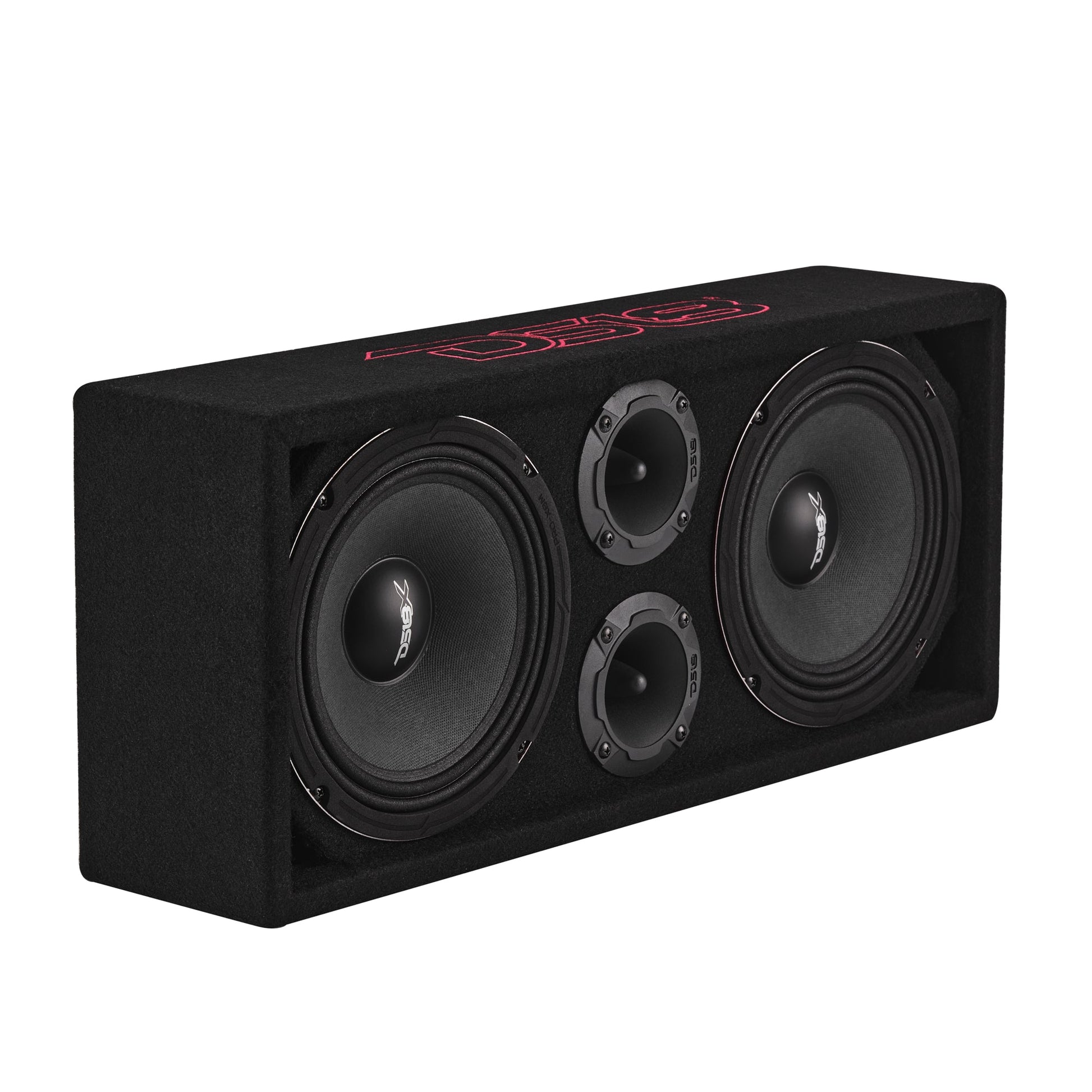 Loaded Voceteo Enclosure with Dual 8" Speakers, Dual 3.78" Tweeters, Amplifier & Speakon Cable.