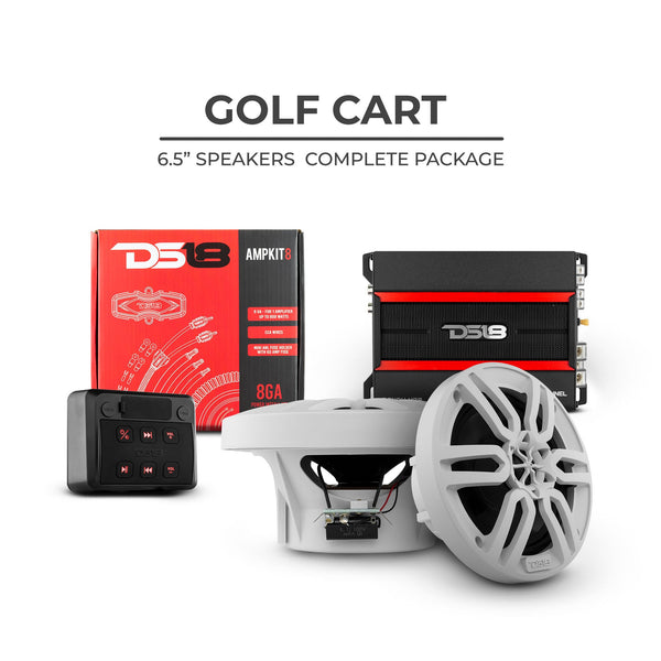 DS18 Golf Cart Package - 2 x 6.5” Marine Speakers +1 x 2 Ch Amp +1 x AMPKIT8 +1 x ENSBTRC-SQ, BLACK or WHITE..