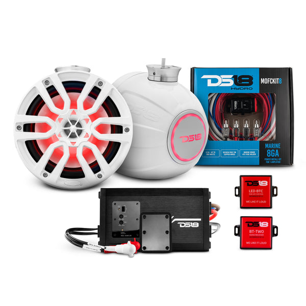 8" Compact Speaker Tower with Marine Amplifier, Installation Kit, and RGB LED Lights - Perfect Package for Jet Ski.
