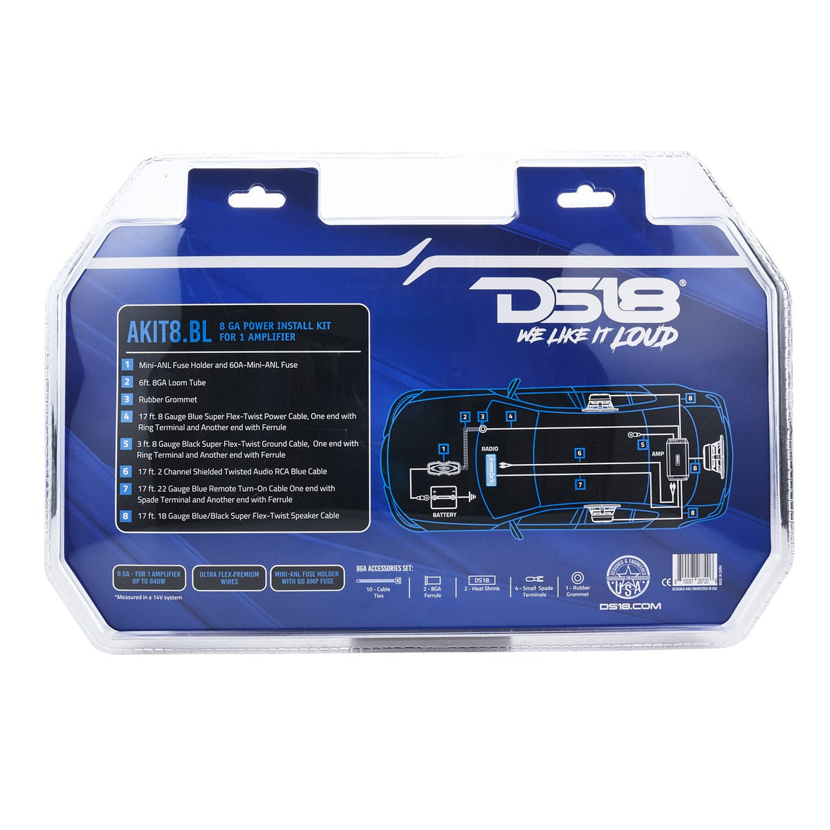 8-GA Amplifier Installation Wiring Kit - Blue.