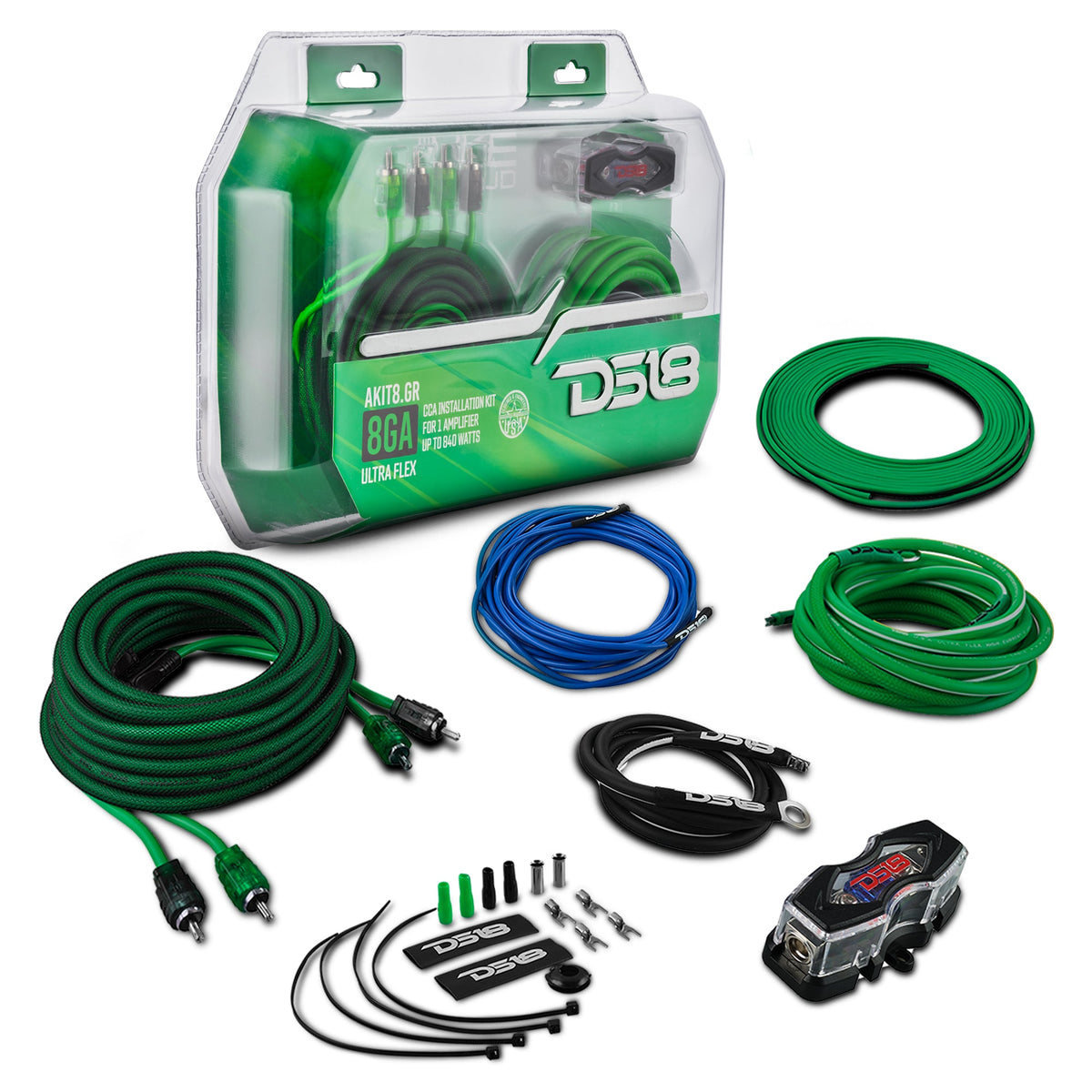 8-GA Amplifier Installation Wiring Kit - Green.