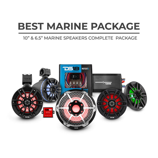 DS18 Best Marine Stereo Subwoofer Package  1 x 10” Subwoofer | 2 x 6.5” Speaker Tower | 2 x 6.5” Marine Speaker | 1 x 5 Ch Amplifier | 1 x MOFCKIT4 and 1 x LED-BTC.
