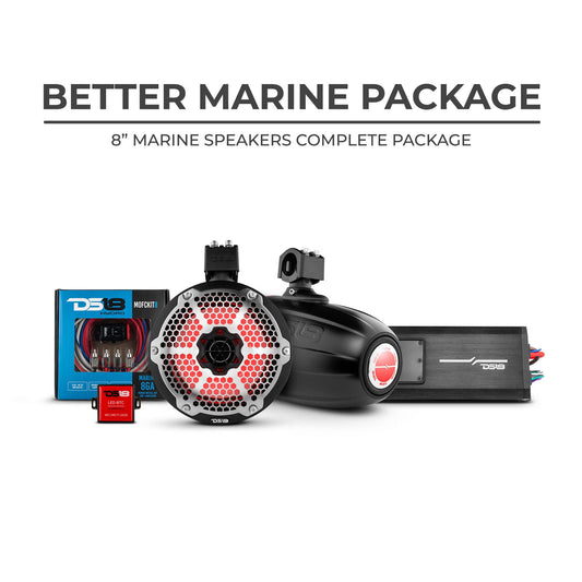 DS18 Better Marine Stereo Package 2 x 8” Speaker Tower | 1 x 2 Ch Amplifier | 1 x MOFCKIT8 and 1 x LED-BTC.