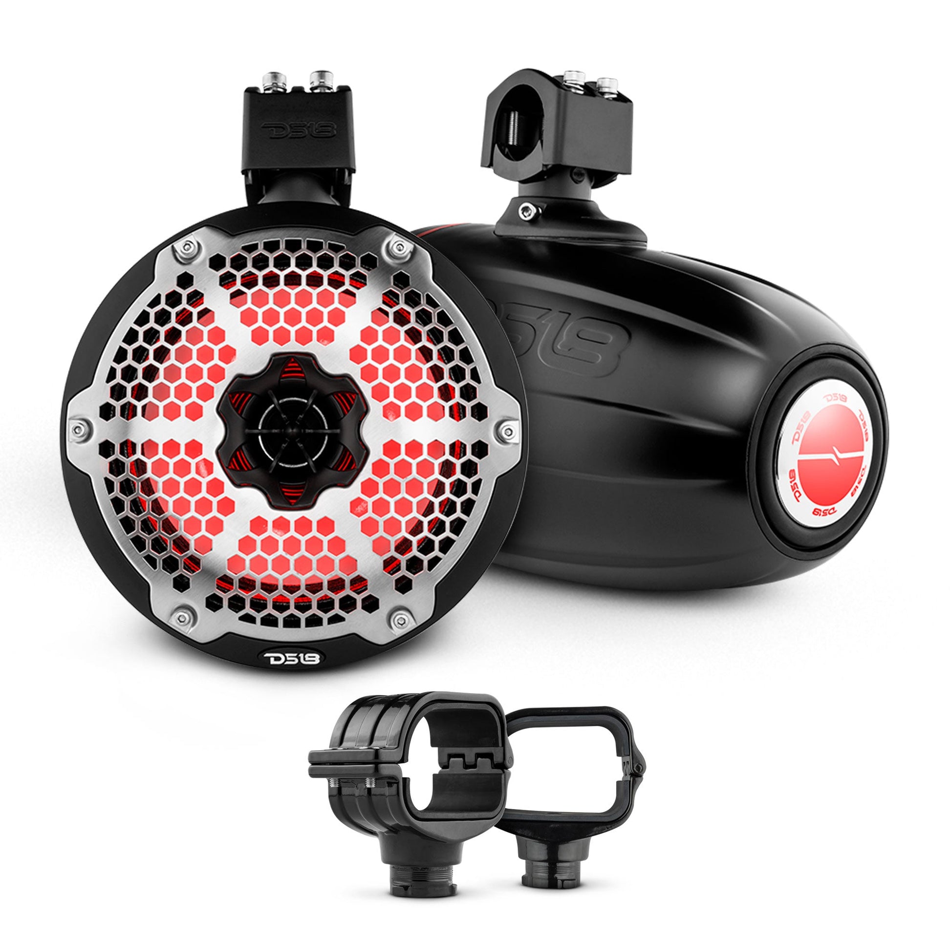 Bronco 6th Gen Roll Bar Audio Bundle – 8" Marine Tower Speakers with RGB LED Lights and OEM Roll Bar Mounting Clamps.