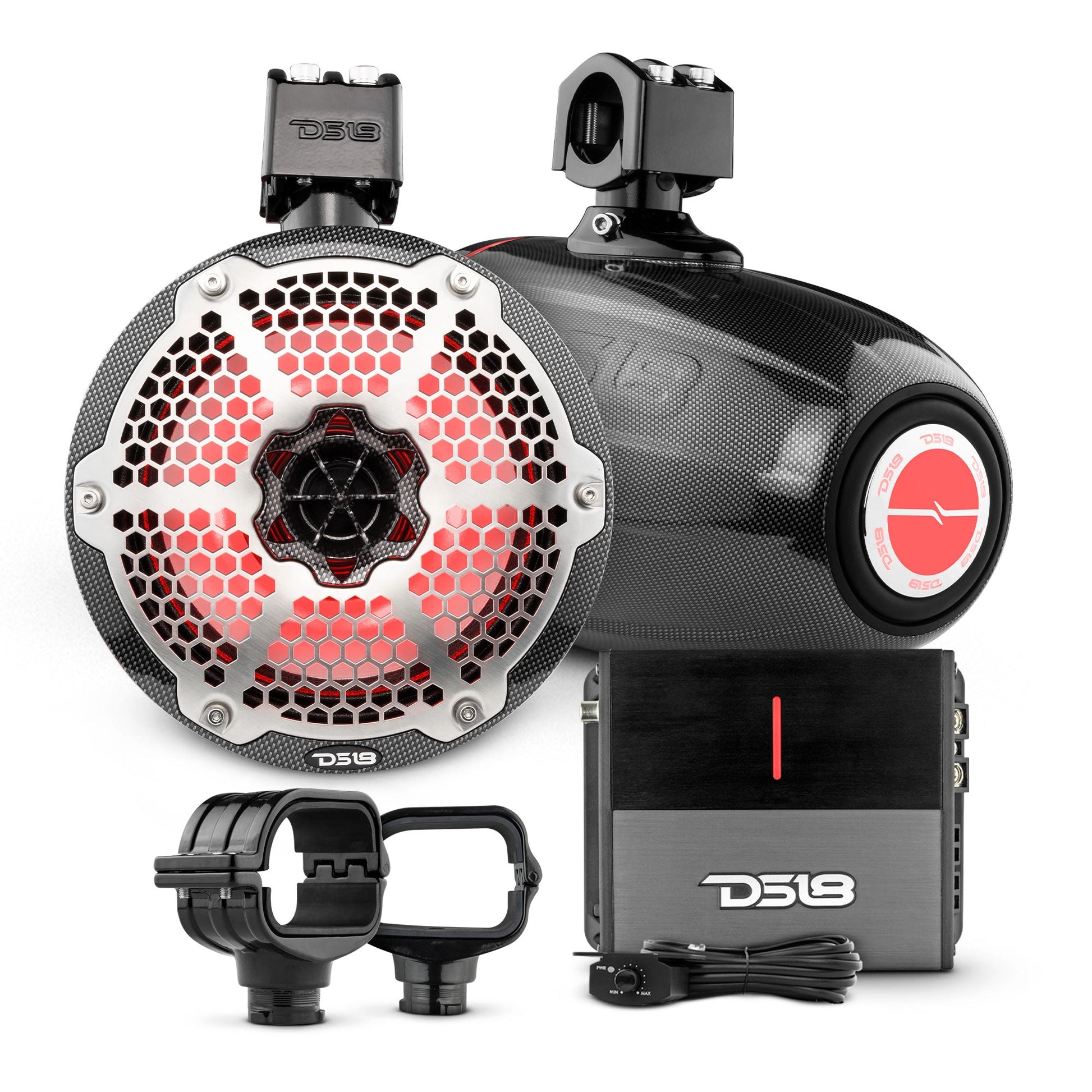 Bronco 6th Gen Roll Bar Audio Bundle – 8" Marine Tower Speakers with RGB LED Lights, OEM Roll Bar Mounting Clamps & Amplifier.