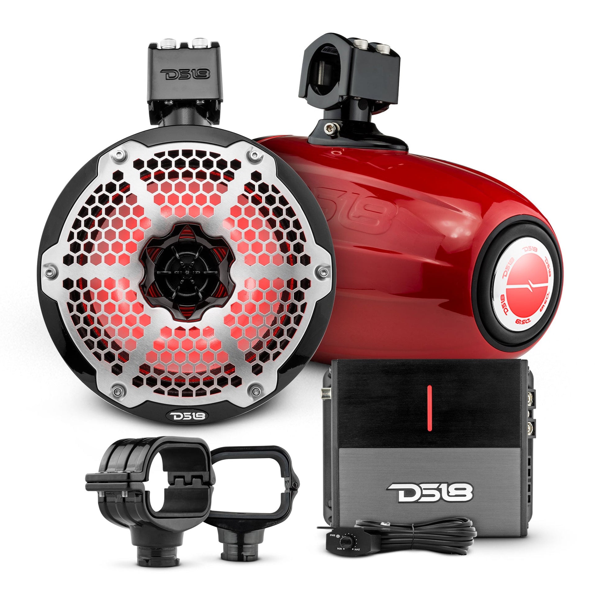 Bronco 6th Gen Roll Bar Audio Bundle – 8" Marine Tower Speakers with RGB LED Lights, OEM Roll Bar Mounting Clamps & Amplifier.