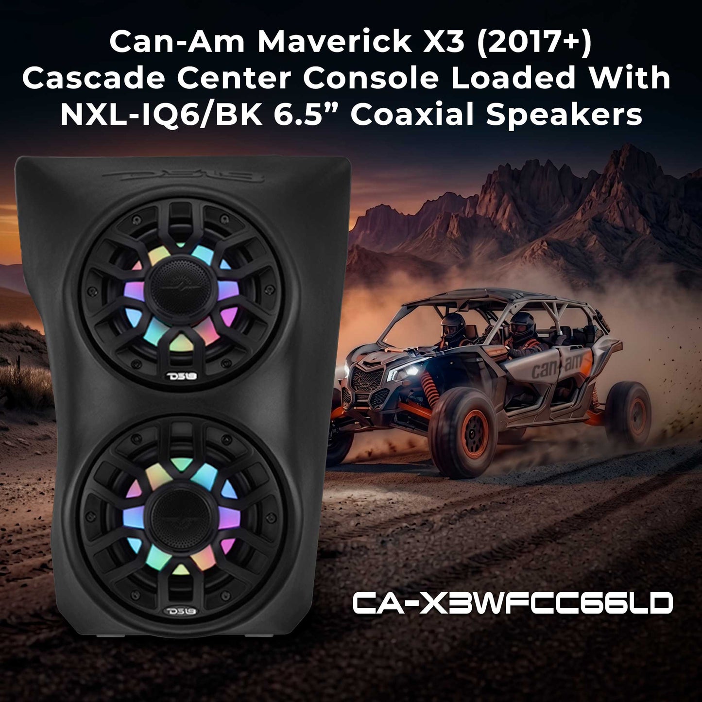Can-Am Maverick X3 (2017-Up) Waterfall Center Console Speaker Pod Loaded with NXL-IQ 6.5" 2-Way Coaxial Marine Speakers and Digital LED Lights.