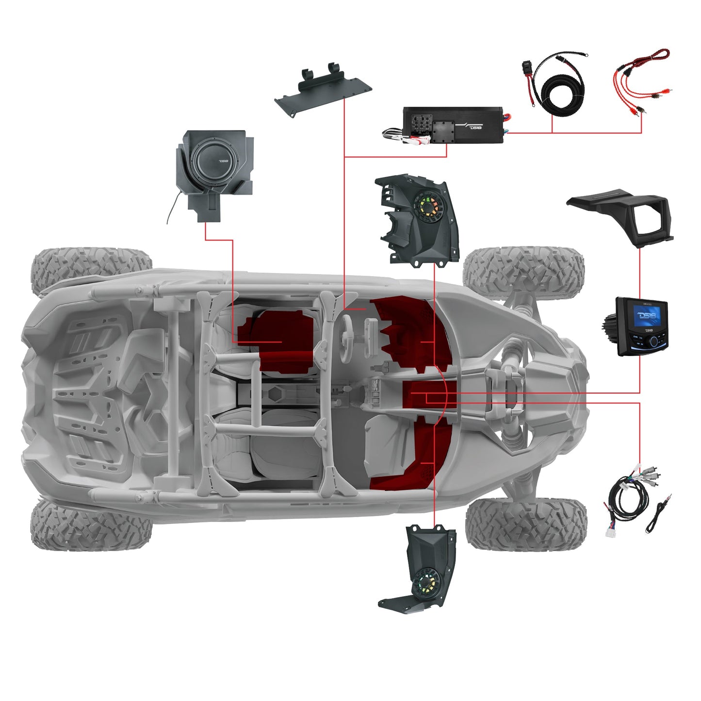 Can-Am Maverick X3 Stage 3 - Dash Speaker Panels, 12” Subwoofer, Amplifier, Bluetooth Radio & LED Lights