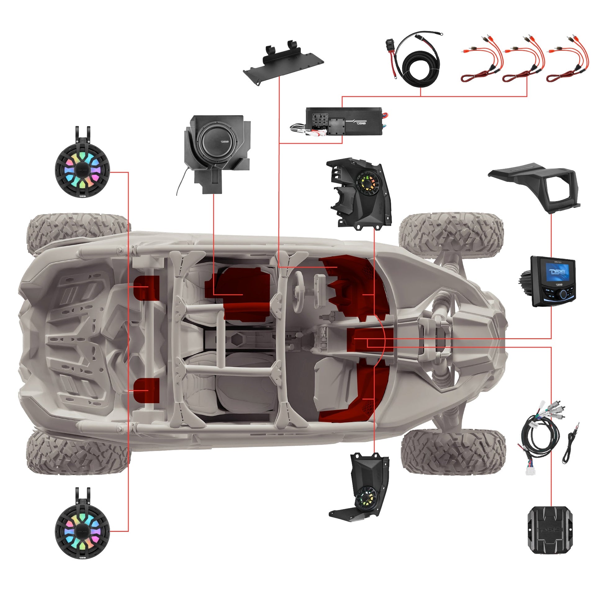 Can-Am Maverick X3 Stage 4 - Dash Speaker Panels, 8" Tower Speakers, 12” Subwoofer, Amplifier, Bluetooth Radio & LED Lights.