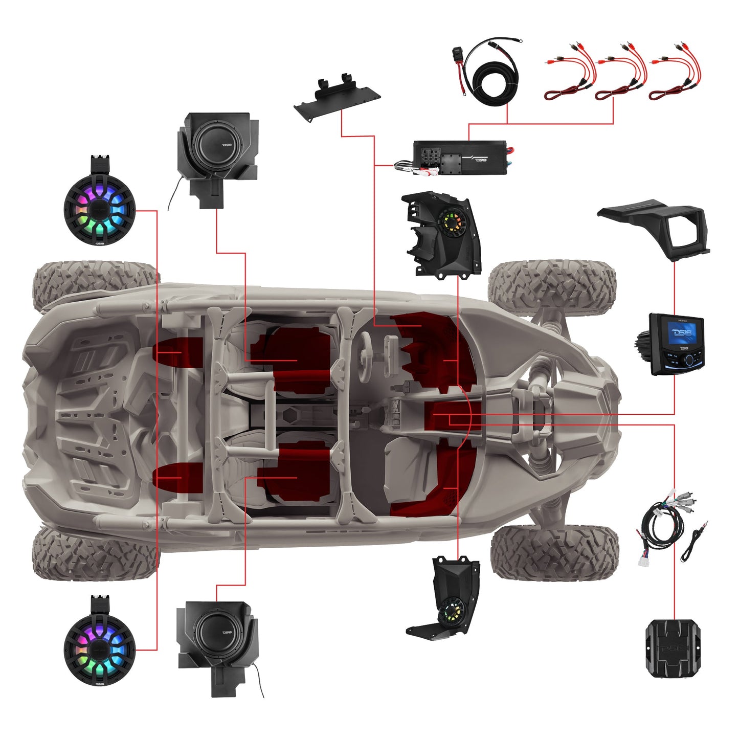 Can-Am Maverick X3 Stage 6 - Dash Speaker Panels, 8" Neodymium Tower Speakers, Dual 12” Subwoofer, Amplifier, Bluetooth Radio & LED Lights.