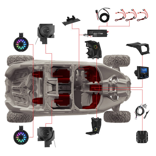 Can-Am Maverick X3 Stage 6 - Dash Speaker Panels, 8" Neodymium Tower Speakers, Dual 12” Subwoofer, Amplifier, Bluetooth Radio & LED Lights.