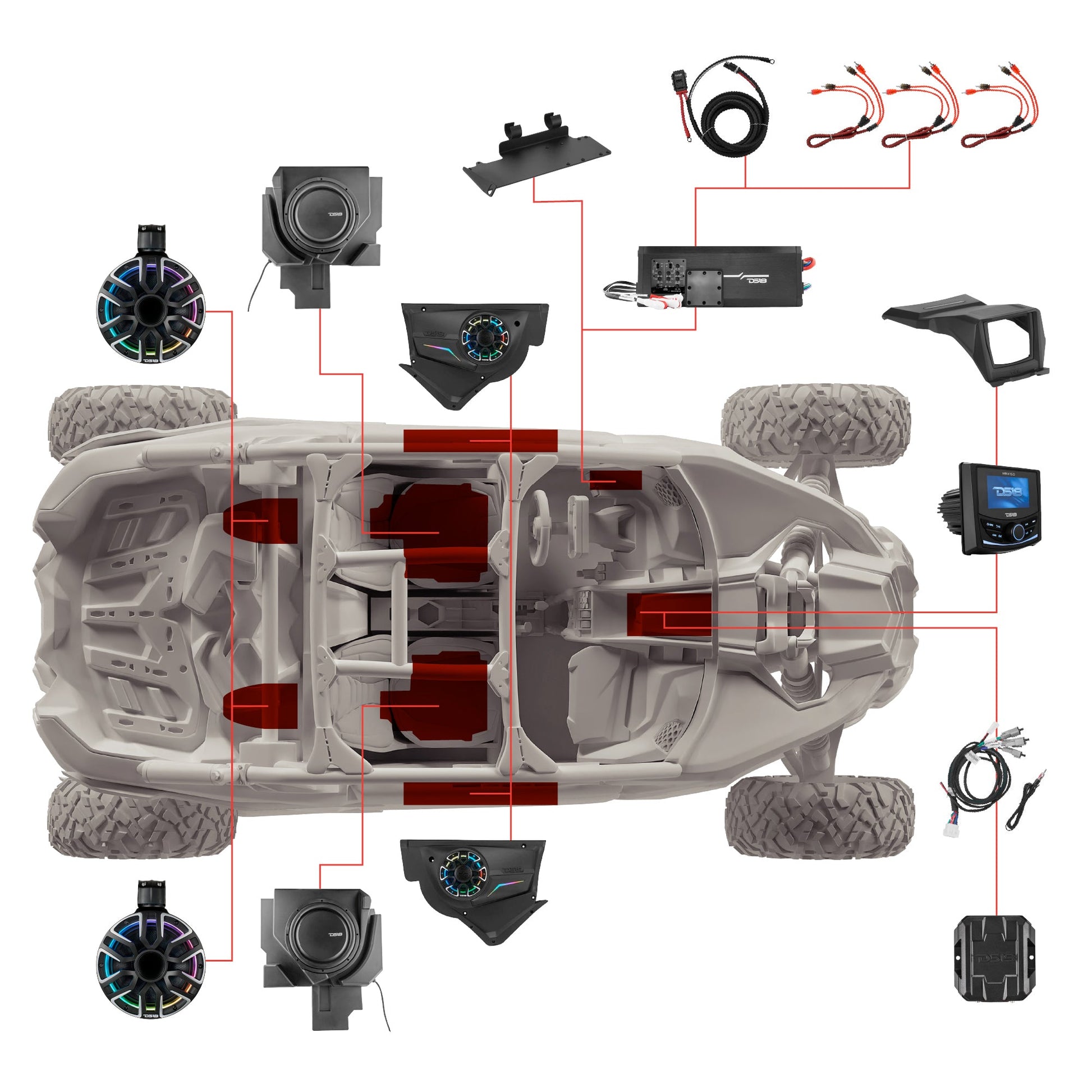 Can-Am Maverick X3 NVY Stage - Door Speaker Panels, 8" Neodymium Tower Speakers, Dual 12” Subwoofer, Amplifier, Bluetooth Radio & LED Lights.