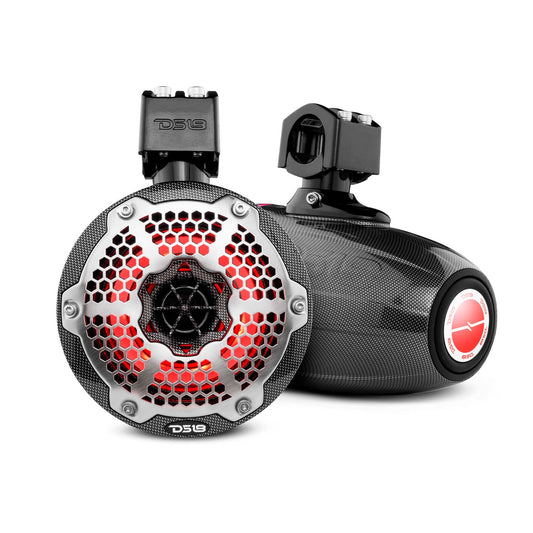 NXL 6.5" Neodymium Marine and Powersports Towers with Built-in Passive Radiator, 1" Driver and LED RGB Lights 150 Watts Rms -Black Carbon Fiber.