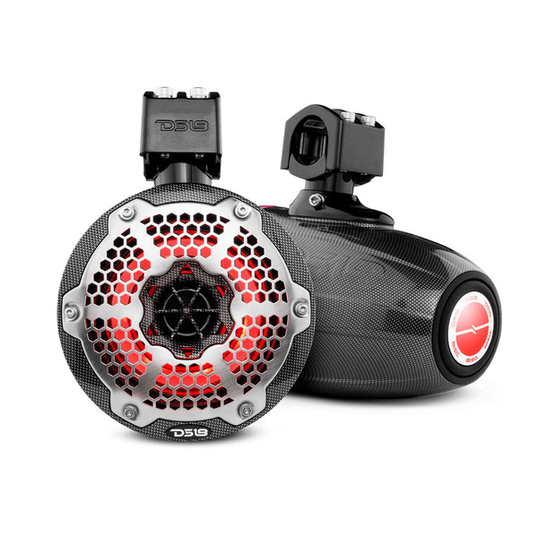 NXL 6.5" Neodymium Marine and Powersports Towers with Built-in Passive Radiator, 1" Driver and LED RGB Lights 150 Watts Rms -Black Carbon Fiber.