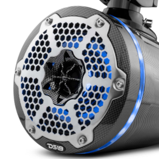 NXL 6.5" Neodymium Marine and Powersports Towers with Built-in Passive Radiator, 1" Driver and LED RGB Lights 150 Watts Rms -Black Carbon Fiber.