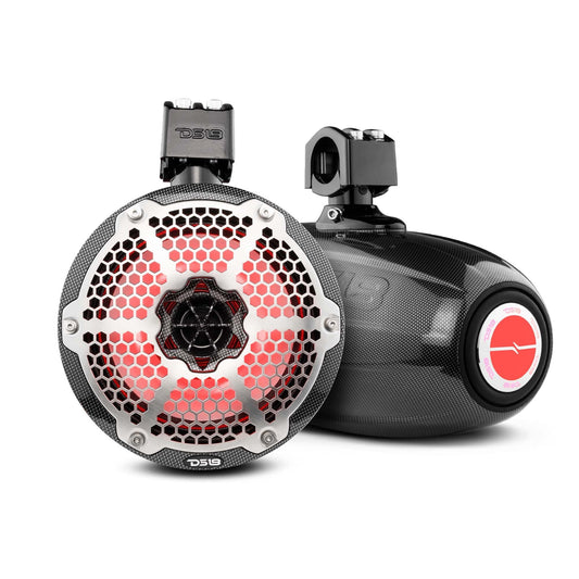 NXL 8" Neodymium Marine and Powersports Towers with Built-in Passive Radiator, 1" Driver and LED RGB Lights 180 Watts Rms -Black Carbon Fiber.