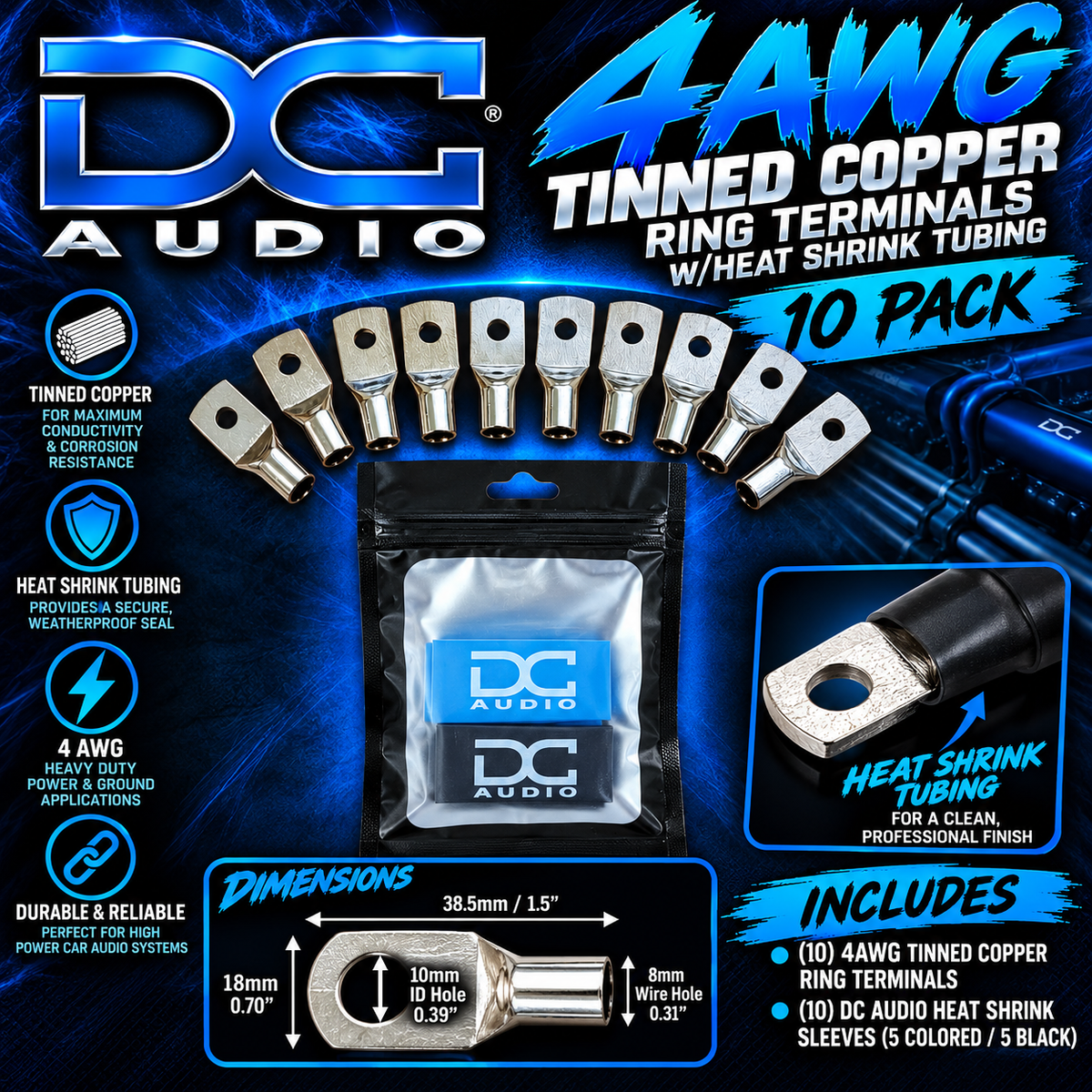 DC Audio 4AWG-10mm Holes Tinned Copper Ring Terminals w/ Heat Shrink Tubing - 10 Pack