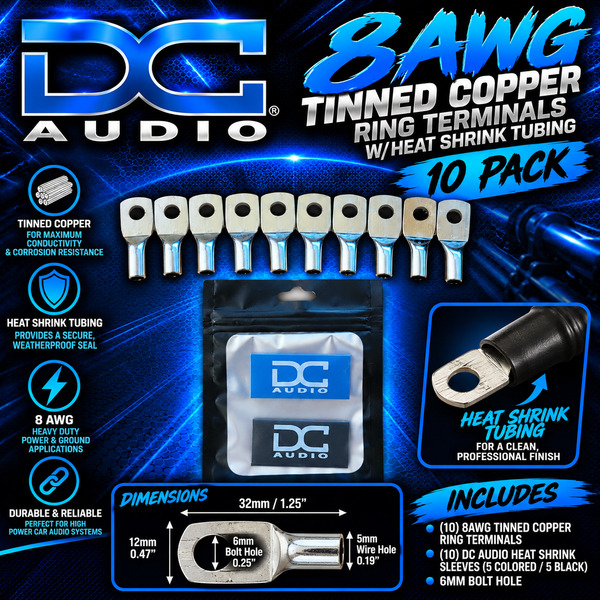 DC Audio 8AWG-6mm Holes Tinned Copper Ring Terminals w/ Heat Shrink Tubing - 10 Pack