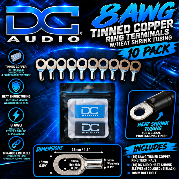 DC Audio 8AWG-10mm Holes Tinned Copper Ring Terminals w/ Heat Shrink Tubing - 10 Pack