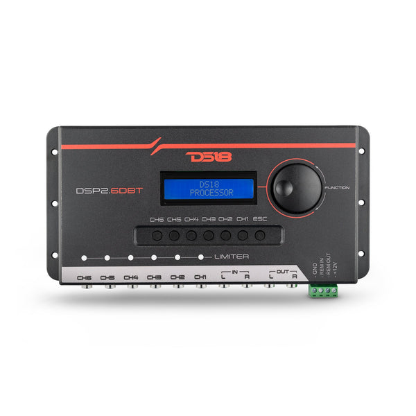 2-Channel In and 6-Channel Out Digital Sound Processor (DSP) with Bluetooth and LCD Screen.