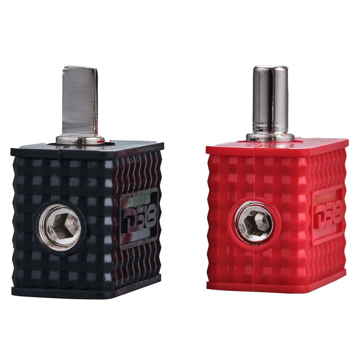 Dual 1/0-GA to 1/4-GA Amp Input Reducers with Offset Stub and Silicone Cover - BLACK/RED - Sold by Audio Sellerz